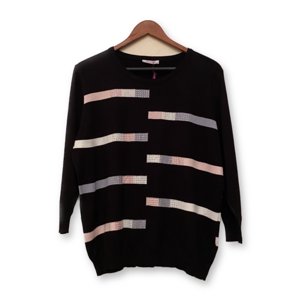Felicita Women's Black Sweater Stripes & Rhinestone Details Size L BRAND NEW